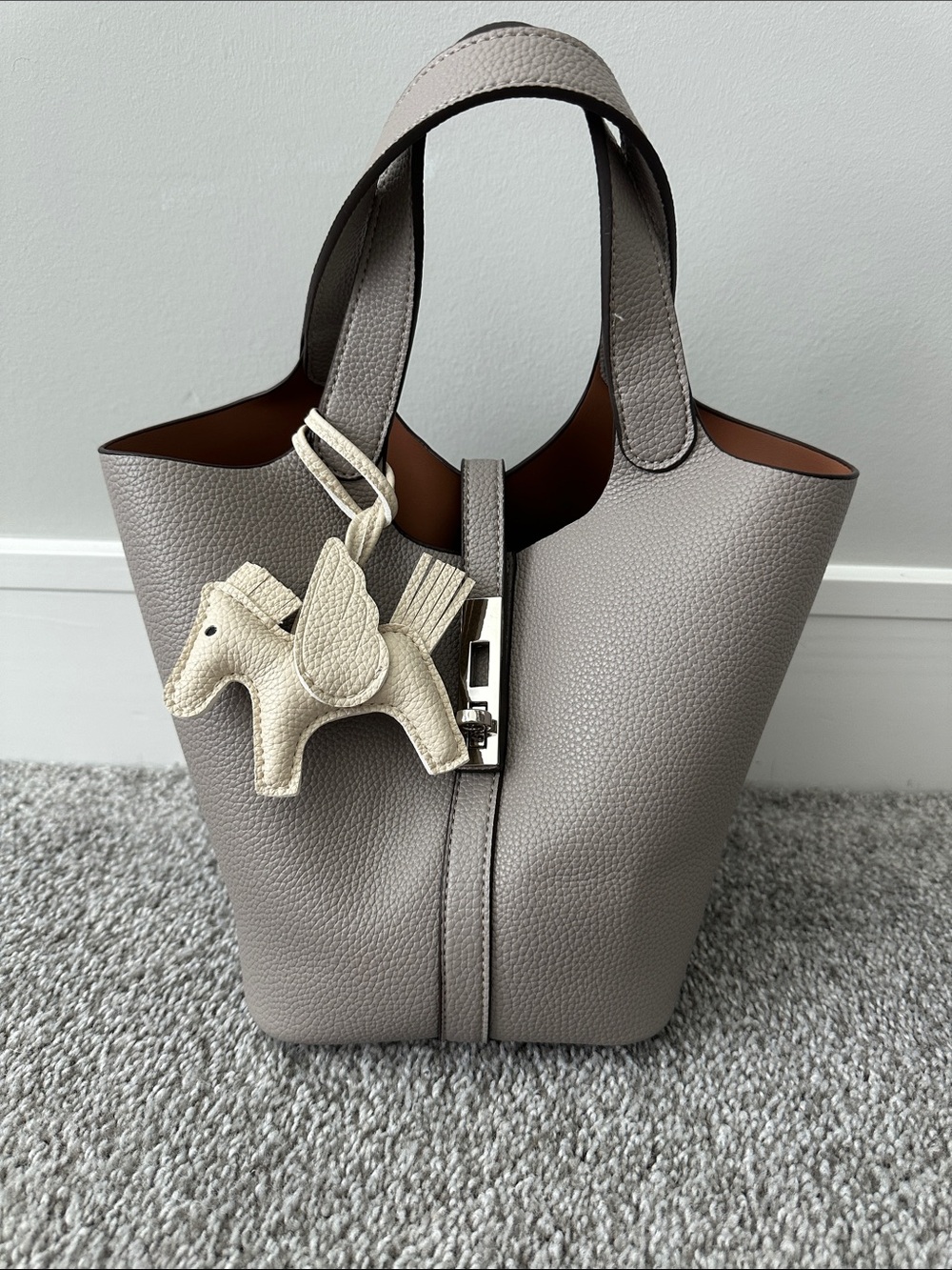 Pebbled Leather Tote Bag in Gray Taupe with Cream Bag Charm